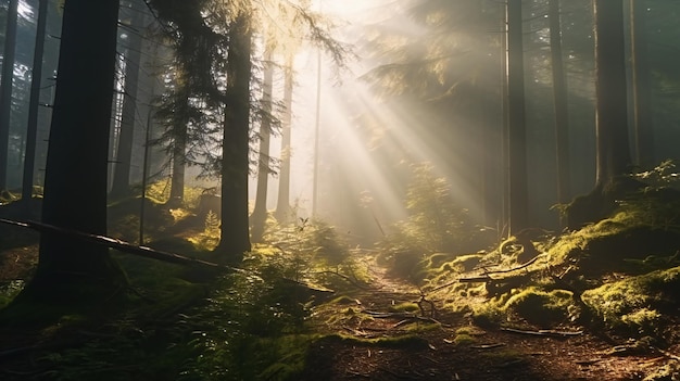 Sonnenstrahlen in einem Wald mit Bäumen und Büschen