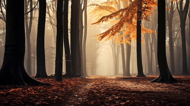 Sonnenstrahlen kommen durch den Herbstwald mit vollem Nebel Generative ai