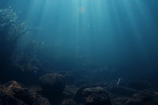 Sonnenstrahlen unter Wasserblauer Ozeanhintergrund, abstraktes Sonnenlicht in Wassertapete