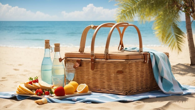 Sonnenstrand-Picknickvergnügen Ein ruhiger Kurzurlaub mit Korb und Tasche