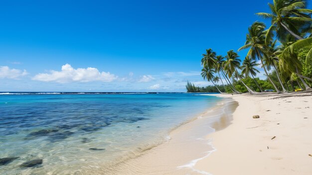 Sonnenstrandparadies mit blauem Himmel, Palmen und klarem Wasser, idyllischer Sommerurlaub