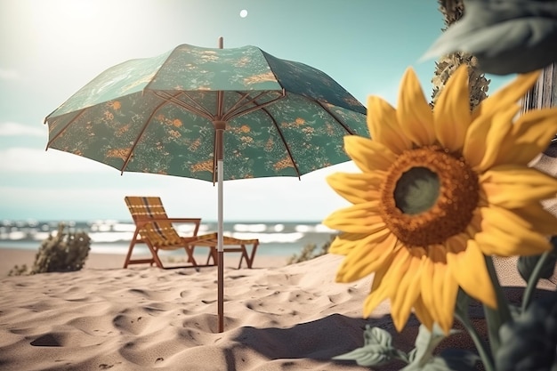 Sonnenstrandtag: Genießen Sie die Sonne mit Sonnenblumen und einem Regenschirm