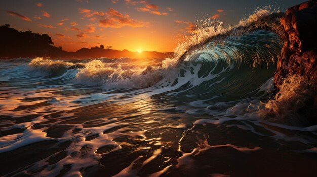 Sonnenuntergang am Horizont Der Strand hat schaumige Wellen und einen vulkanischen Hintergrund
