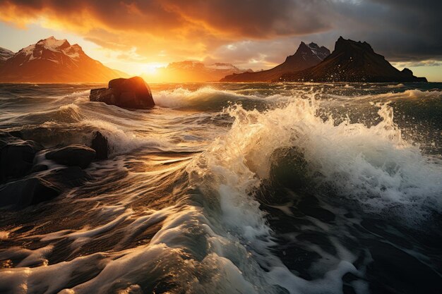 Sonnenuntergang am Meer mit einem Felsen im Vordergrund