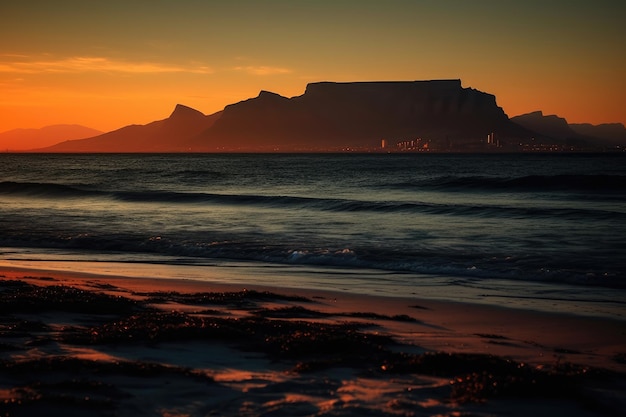 Sonnenuntergang am Meer mit einem Schatten des Berges