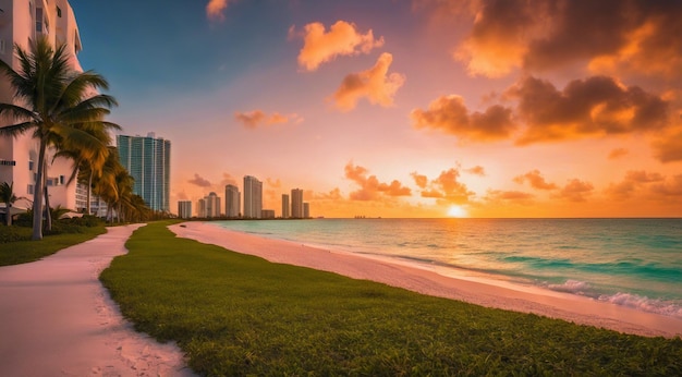 Sonnenuntergang am Miami-Strand. Miami-Strandszene. Fantastischer Blick auf den Strand. Sonnuntergang über dem Strand.