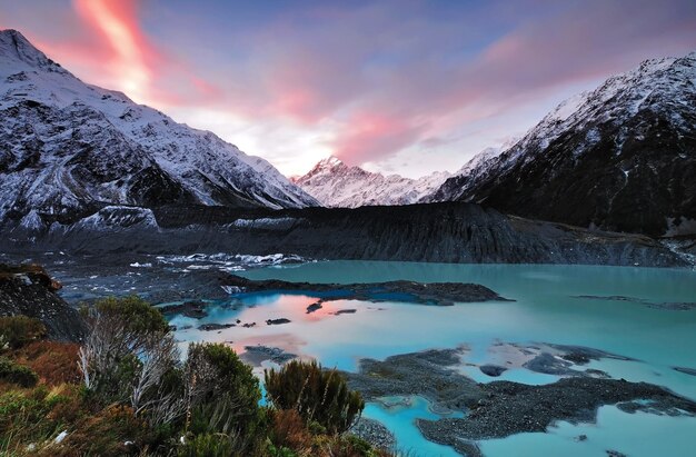 Sonnenuntergang am Mueller Glacier Aoraki Mt Cook National Par Südinsel Neuseeland