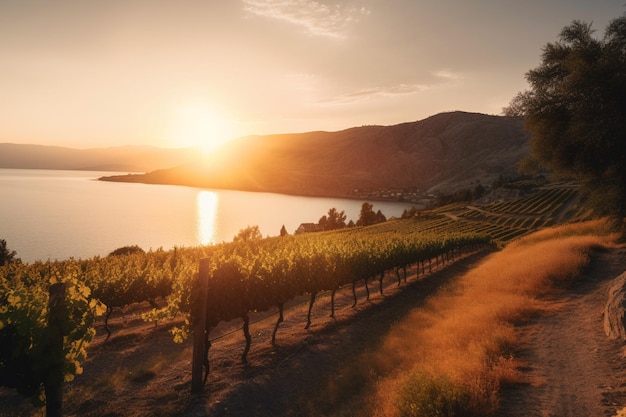 Sonnenuntergang am Okanagan Lake in der Nähe von Penticton mit einem Weinberg im Vordergrund