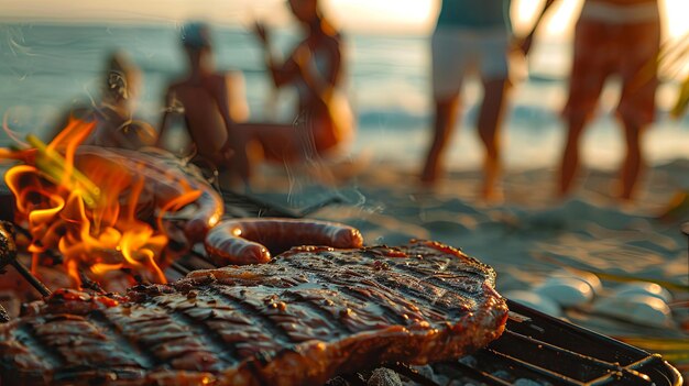 Foto sonnenuntergang am strand barbecue mit freunden, die sich im hintergrund versammeln