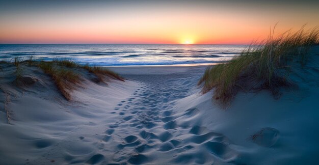 Sonnenuntergang am Strand mit Fußspuren im Sand