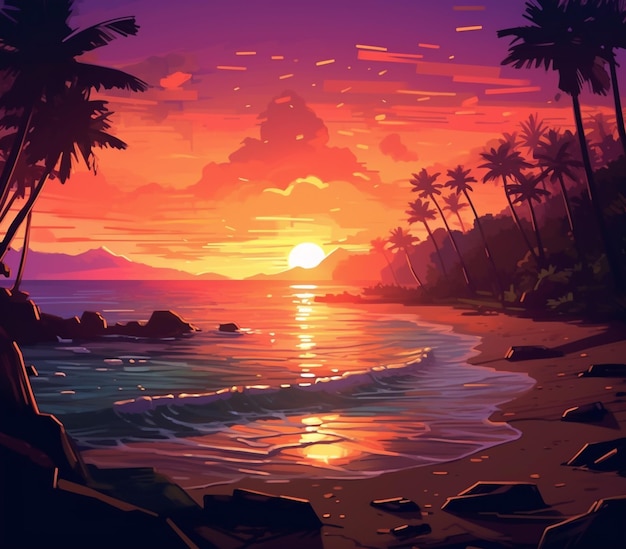 Sonnenuntergang am Strand mit Palmen und Felsen
