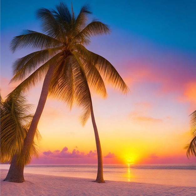 Sonnenuntergang am tropischen Strand mit Palmen