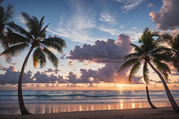 Sonnenuntergang am tropischen Strand und am Kokosnussbaum