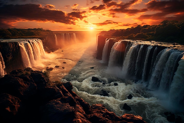 Sonnenuntergang am wunderschönen Wasserfall in islandgenerative ai