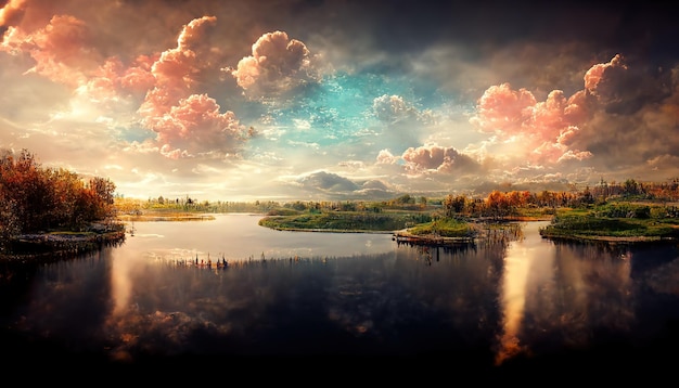 Sonnenuntergang an der Küste des Sees Naturlandschaft Natur in Nordeuropa Reflexionslandschaft bei Sonnenuntergang 3D-Rendering Rasterdarstellung