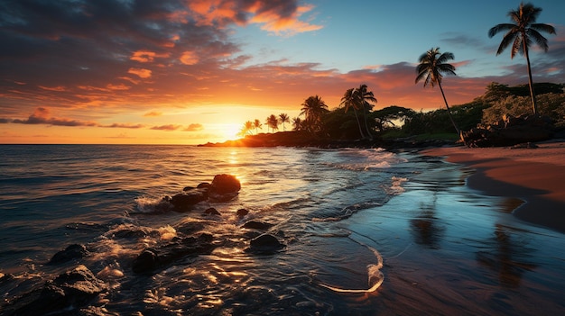 Sonnenuntergang an einem schönen Strand mit Kokospalmen