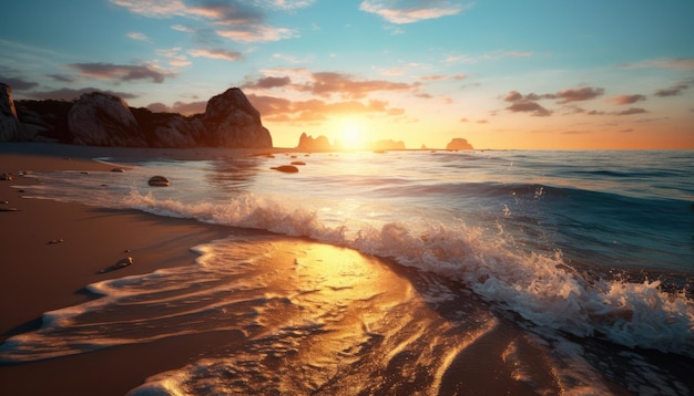 Sonnenuntergang an einem Strand mit Felsen im Hintergrund