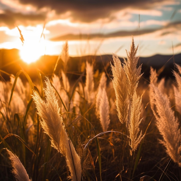 Sonnenuntergang auf dem Feld mit Pampasgras