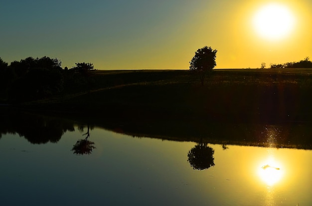 Sonnenuntergang auf dem Fluss mit Reflexion von Bäumen