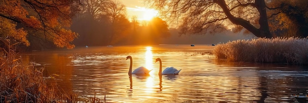 Sonnenuntergang auf dem Schwanensee auf einem goldenen Teich