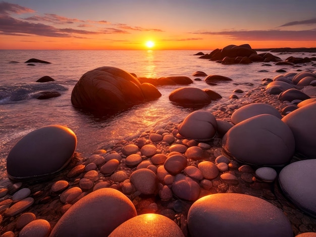 Sonnenuntergang auf dem Strand voller Kieselsteine