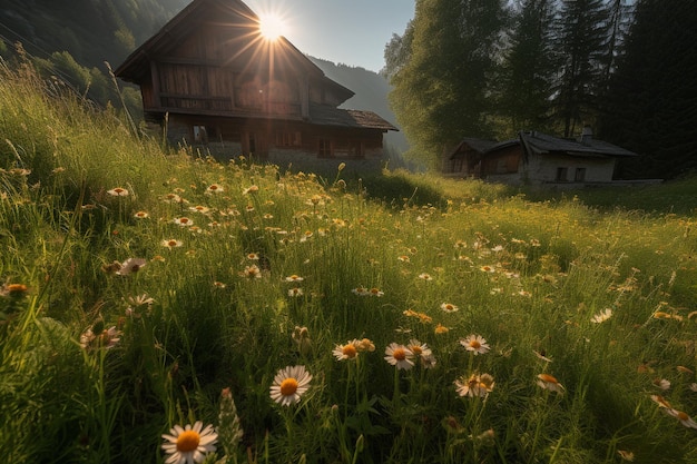 Sonnenuntergang auf den alpinen Wiesen mit blühenden Gänseblümchen