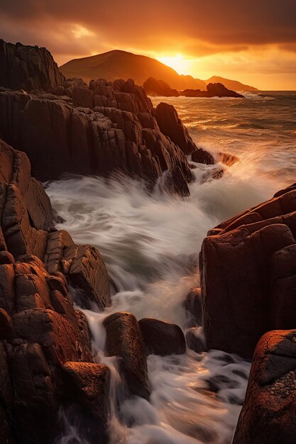 Sonnenuntergang auf den Felsen am Meer
