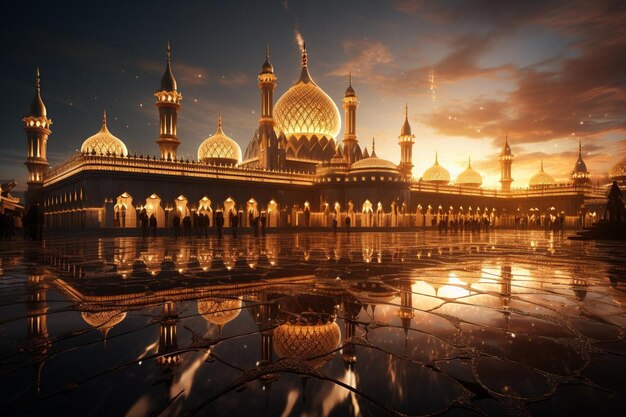 Sonnenuntergang auf der Fassade der Moschee