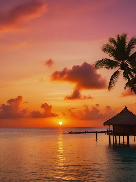 Sonnenuntergang auf der Insel der Malediven Schöner Sonnenuntergangshimmel und Wolken Luxus-Wasservillen und Holzweg