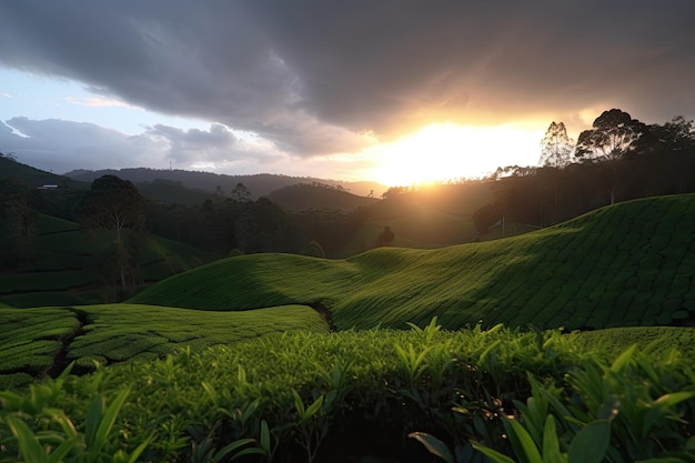 Sonnenuntergang auf der Teeplantage, während die Sonne hinter den Wolken hervorlugt