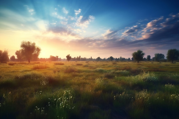 Sonnenuntergang auf der Wiese mit Bäumen und Graslandschaft