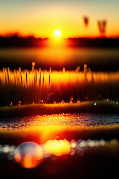 Sonnenuntergang auf einem Feld mit Gras und Tau. Marmor mit Miniaturwelt in Glasreflexion