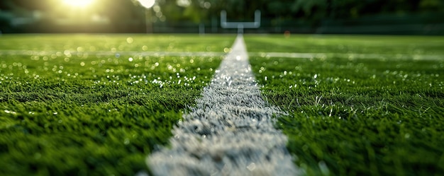 Sonnenuntergang auf einem regenreichen Fußballfeld mit Linienmarkierungen