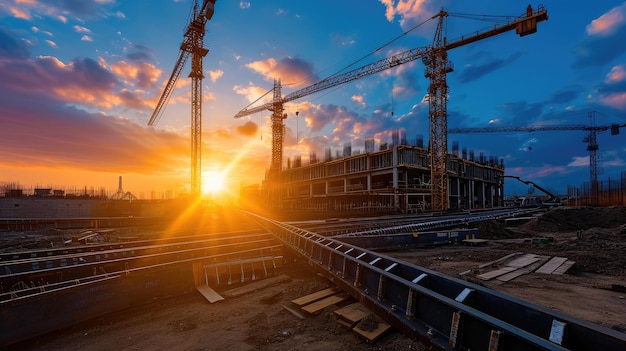 Sonnenuntergang auf einer Baustelle mit Stahlbalken