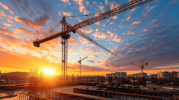 Sonnenuntergang auf einer Baustelle mit Stahlbalken