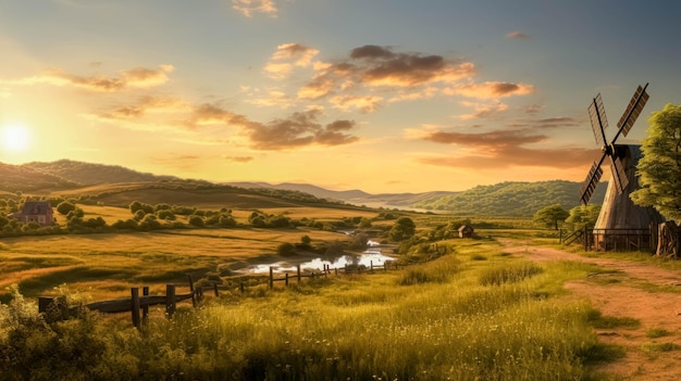 Sonnenuntergang auf geernten Feldern Landschaft Landschaft und Panorama