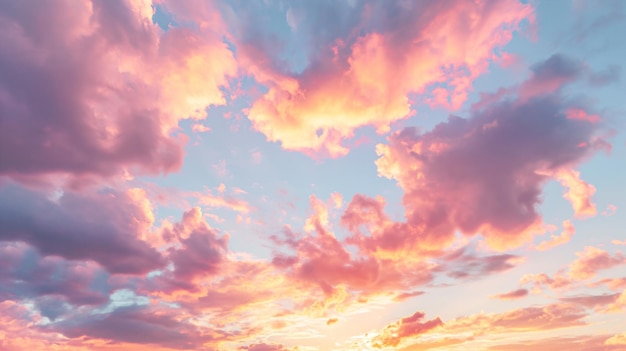 Sonnenuntergang, der sich mit rosa und orangefarbenen Farbtönen unter flauschigen Wolken rühmt