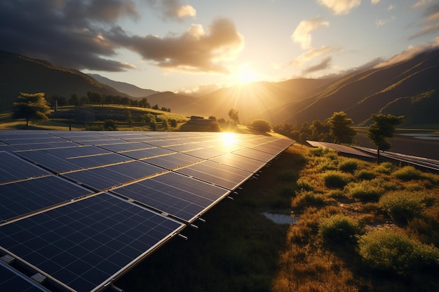 Sonnenuntergang Ernte Solarpanels auf Grasland