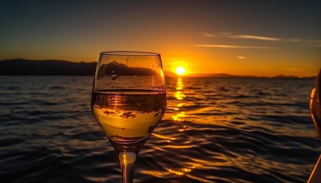 Sonnenuntergang, Getränk, sonnenbeschienenes Glas, Natur, Champagner, Welle der Entspannung, erzeugt durch KI