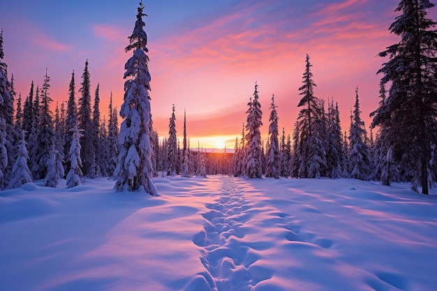 Sonnenuntergang hinter einem Feld von schneebedeckten Bäumen