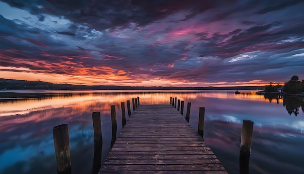 Sonnenuntergang im Freien Naturlandschaft Hintergrund mit Pier am See in dunkler Tapete