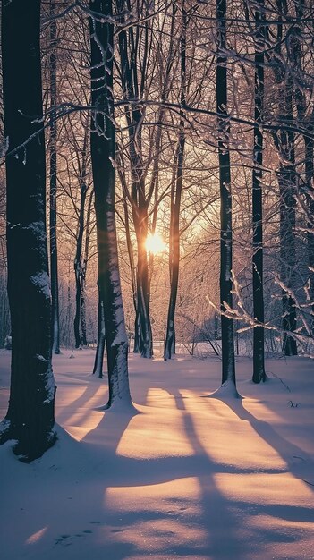 Sonnenuntergang im magischen Wald mit Bäumen