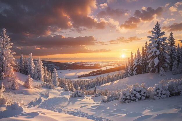 Sonnenuntergang im schneebedeckten Winter