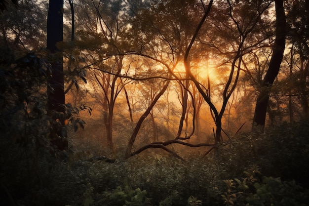 Sonnenuntergang im Wald mit Nebel und Sonnenstrahlen Naturhintergrund