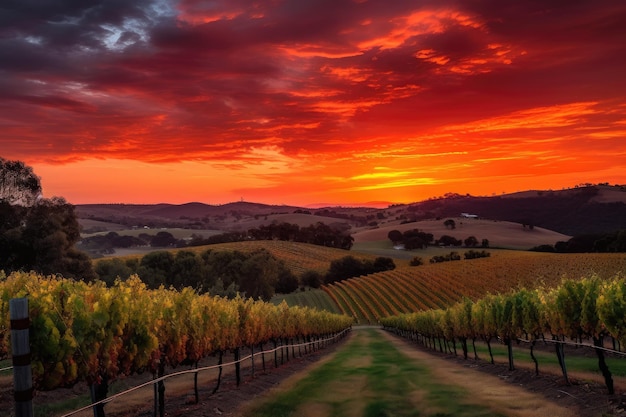 Sonnenuntergang im Weinberg mit Orange- und Rottönen, die sich auf sanften Hügeln spiegeln, die mit generativer KI geschaffen wurden