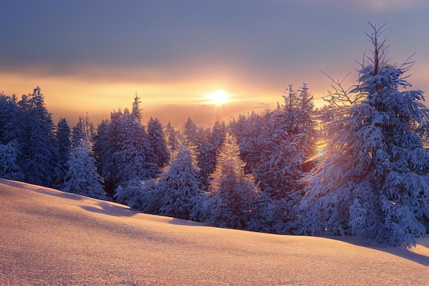 Sonnenuntergang im Winter im Wald. Generative KI