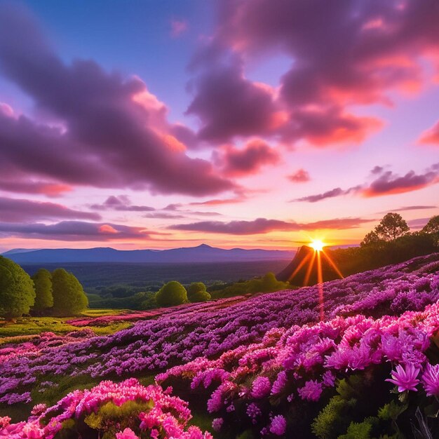 Sonnenuntergang in den Bergen mit rosa Rhododendronblumen