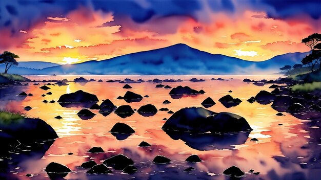 Sonnenuntergang in der Dämmerung über einer felsigen Küste Ein idealer Moment, um eine Atmosphäre der Ruhe und Schönheit zu vermitteln Aquarell-Illustration AI generiert