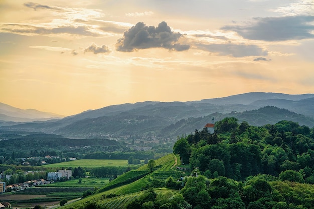 Sonnenuntergang in der Natur der grünen Hügel in Maribor, Untersteiermark, Slowenien