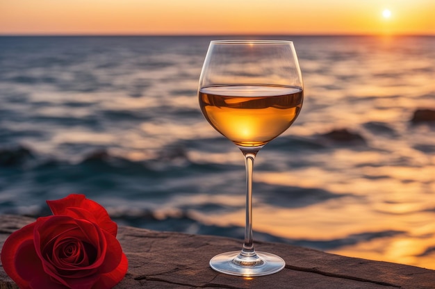 Foto sonnenuntergang in einem glas weißwein am meer